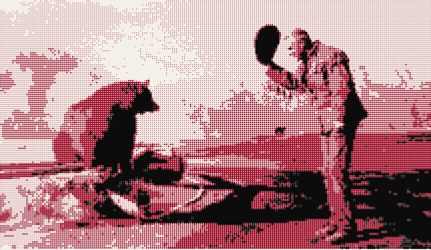 Halftone treatment of the same photograph in oxblood and black