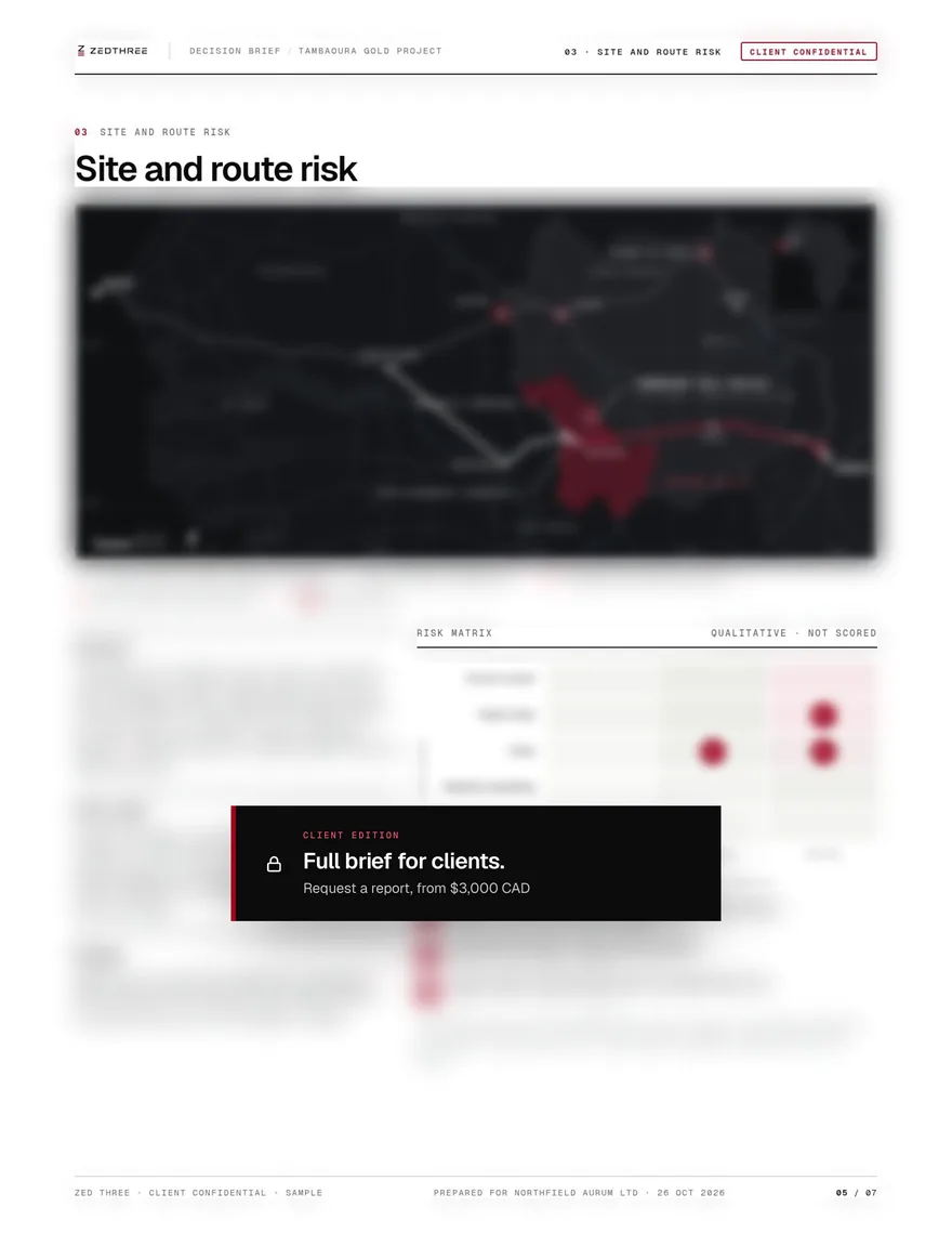 Sample report page 5: Site and route risk, with a location map and risk matrix (blurred preview, full brief for clients)